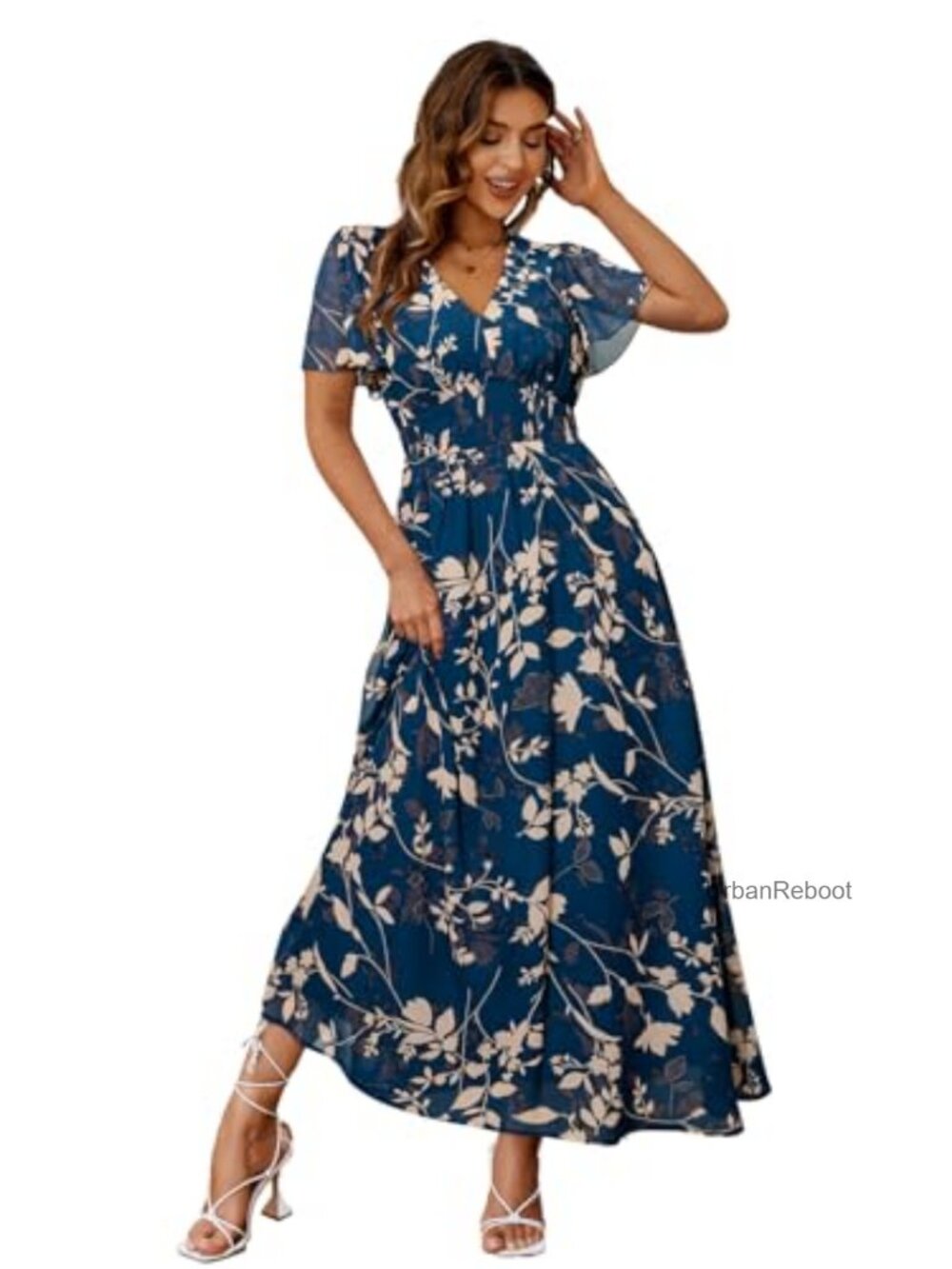 Women's Boho Floral Maxi Dress V Neck Short Sleeve Flowy Casual Wedding Guest